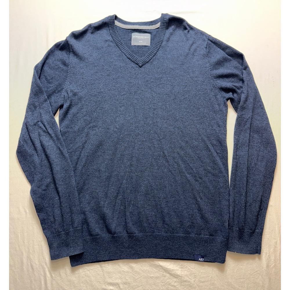 Aeropostale Mens Blue Heathered V-Neck Sweater A87 Logo Cotton Wool Blend Medium